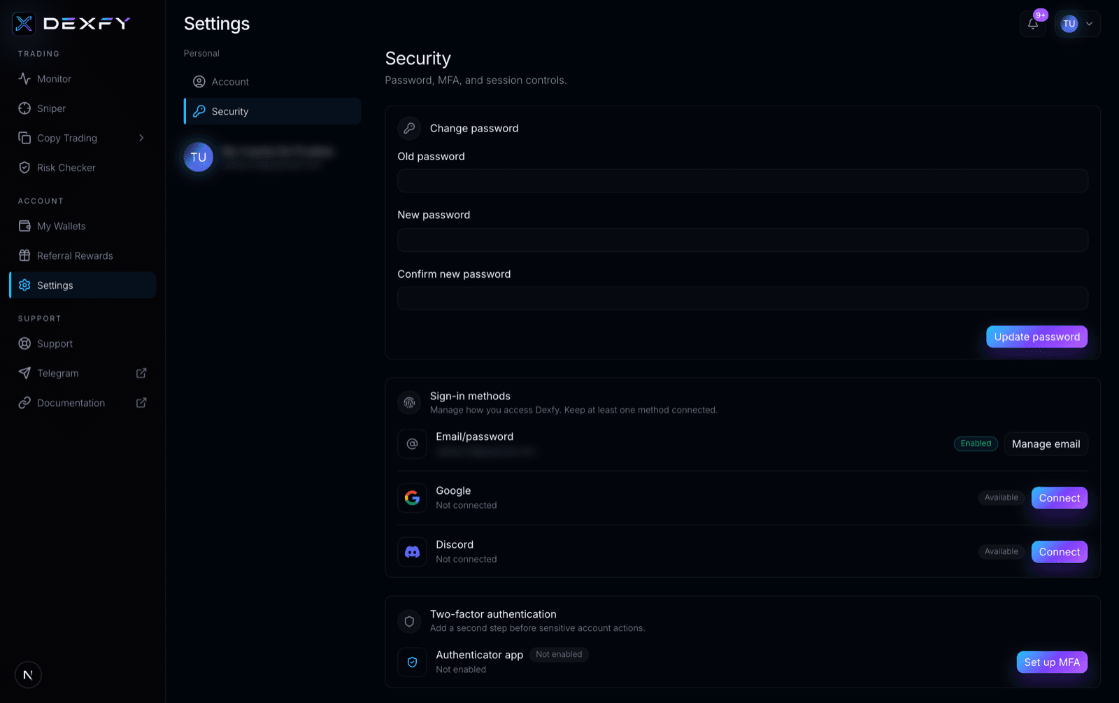 The Dexfy security settings page