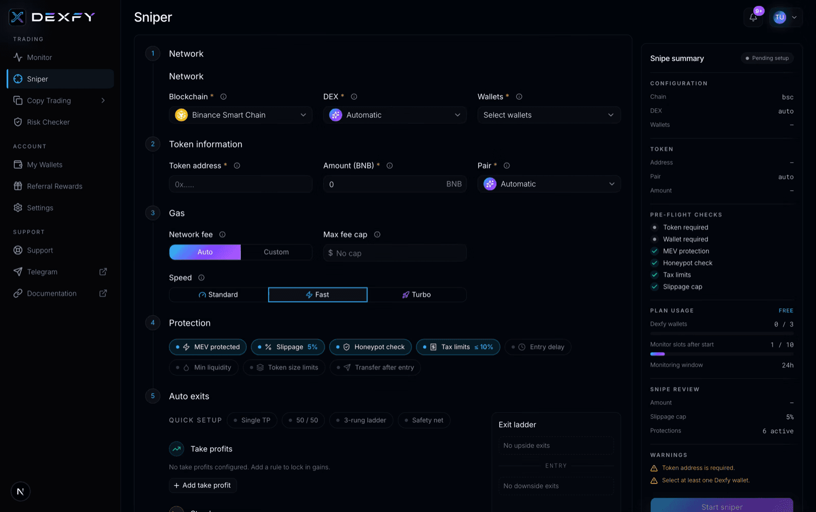 The Dexfy sniper builder with the live snipe summary panel