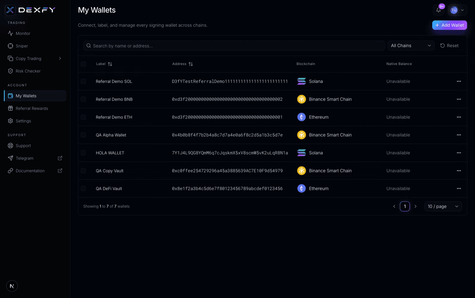The Dexfy My Wallets page listing wallets across chains