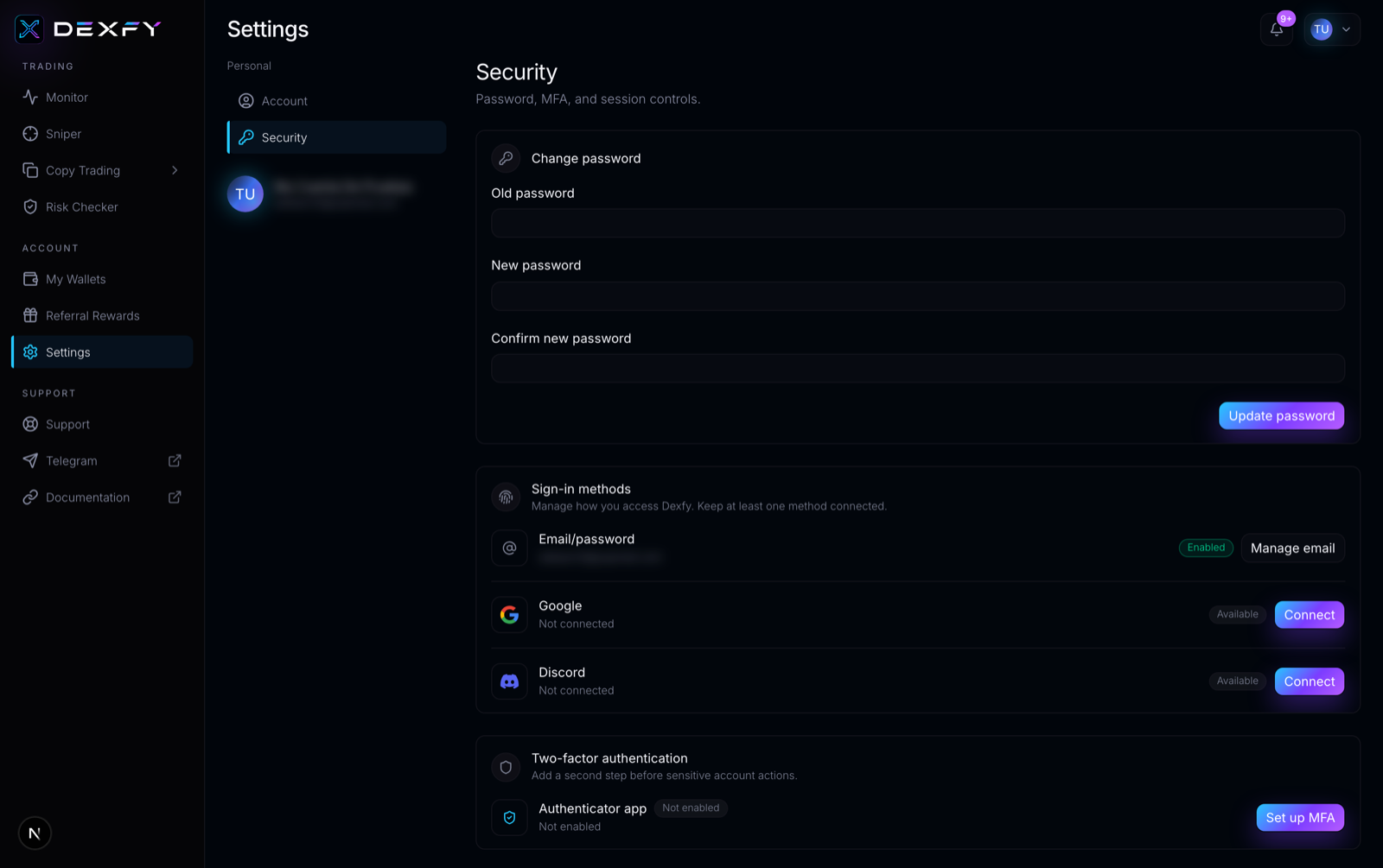 The Dexfy security settings page
