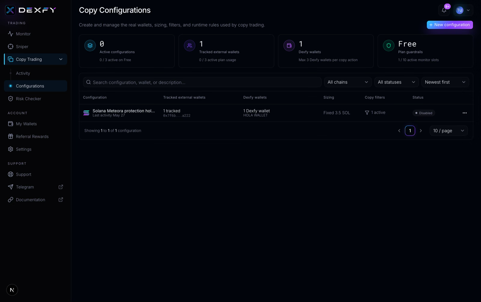 The Dexfy copy trading configurations page