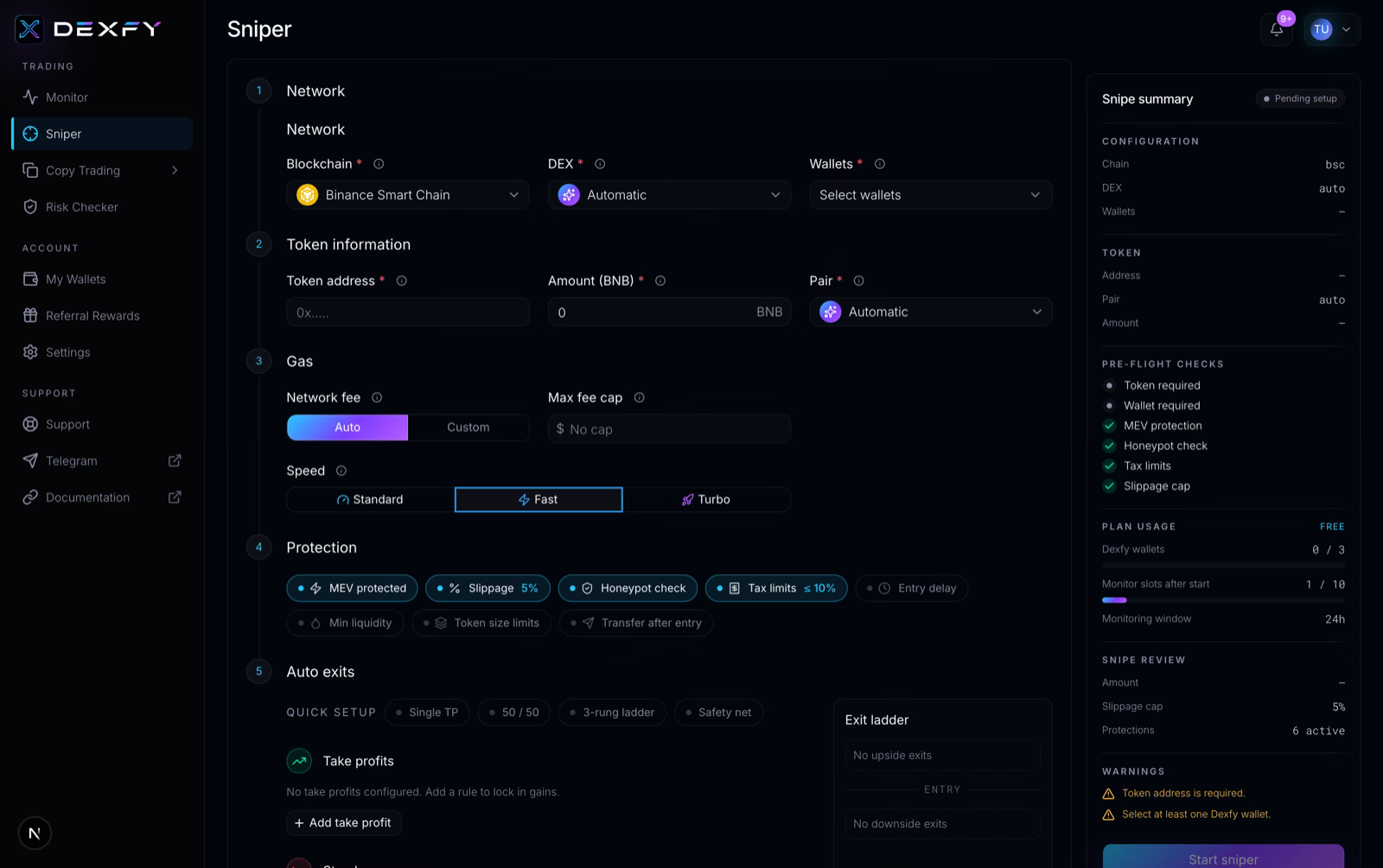 The Dexfy sniper builder with the live snipe summary panel